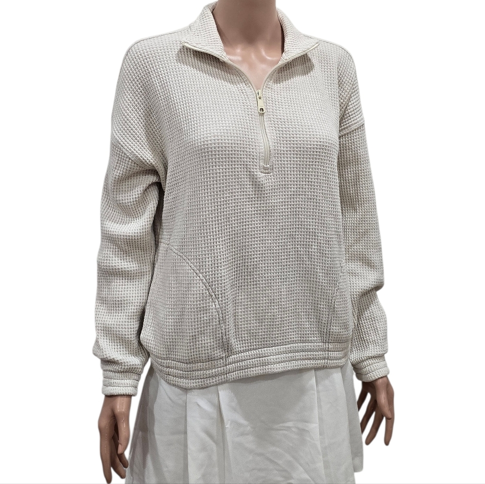Aerie Waffle Quarter Zip Sweatshirt In Off White - Picture 4 of 8